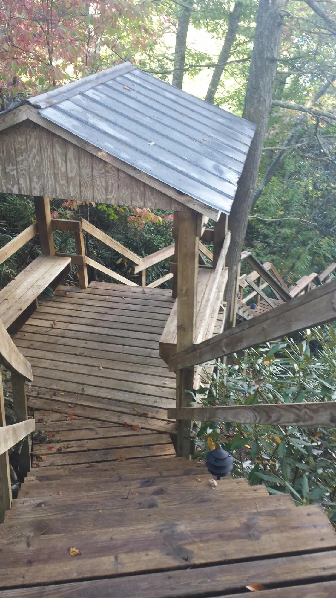 Metal roofed shelter over wooden steps on a wooded walkway — Skylight Repair & Installation work by our crew in Saint Pauls